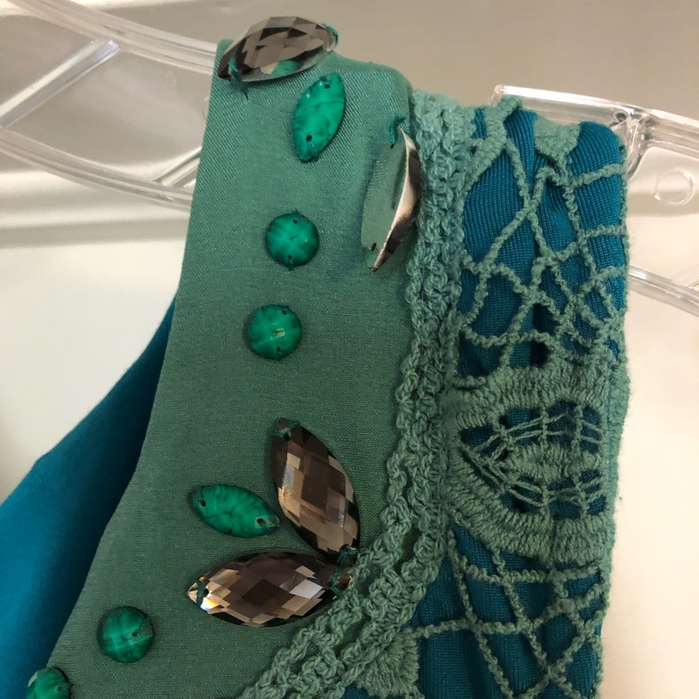 Hale Bob size medium turquoise dress with green crochet lace overlay - Picture 6 of 6